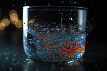 Sticker - close-up of microplastic particles drifting in a glass of water, created with generative ai