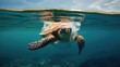 A turtle trapped in a plastic bag in the ocean, representing the devastating effects of plastic pollution on marine life AI Generated.
