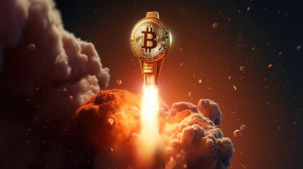 Bitcoin, a cryptocurrency, blasts off on a rocket into space towards the moon, symbolizing its potential for explosive growth and value. AI Generated.