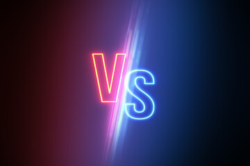Wall Mural - Opposites, versus and choice concept with glowing digital red v and blue s letters opposed to each other on abstract dark background. 3D rendering