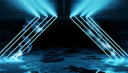 Aufkleber - Cyber neon laser Interior. Garage room hangar with sci fi glowing blue tubes. Futuristic dark tunnel warehouse with metal panels wall lighted. Construction corridor 3d Rendering