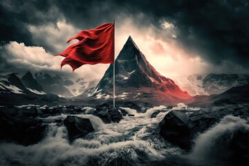 Canvas Print - peak with red flag and roaring waterfall in the background, created with generative ai