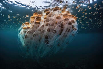 Wall Mural - group of jellyfish swimming in formation, created with generative ai