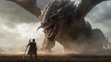 A Man Wearing Armor And A Cloak Is Standing In A Battle-ready Position, Preparing To Fight A Massive Dragon AI Generated.