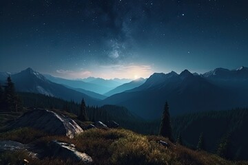 Sticker - majestic mountain landscape with a view of the starry night sky, created with generative ai