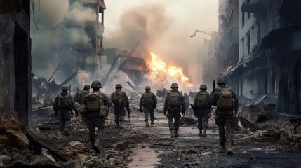 A group of military personnel walks through a destroyed city, wearing camouflage uniforms. The scene depicts a post-apocalyptic world where war has ravaged the urban landscape AI generated.