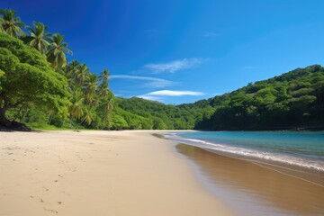 Wall Mural - long, deserted beach surrounded by tropical forest and clear blue skies, created with generative ai