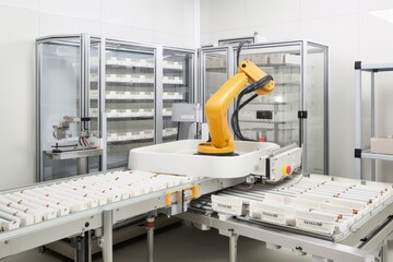 Sticker - packaging and sorting robot, arranging products onto shelf for easy viewing, created with generative ai