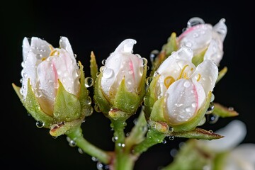 Poster - close-up of delicate blossom buds, with dew drop on the petals, created with generative ai