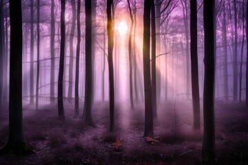 Canvas Print - dark purple forest with foggy morning sunrise, created with generative ai