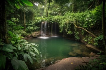 Wall Mural - peaceful waterfall with tranquil pool and lush greenery in the background, created with generative ai