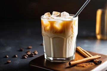 Sticker - iced coffee latte with swirl of cinnamon and sweetener on top, created with generative ai