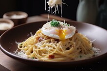 Spaghetti Carbonara With Poached Egg And Shaved Parmesan Cheese, Created With Generative Ai
