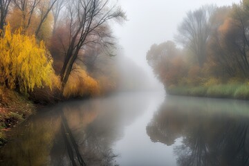 Canvas Print - misty autumn morning, with fog rolling over a river, created with generative ai