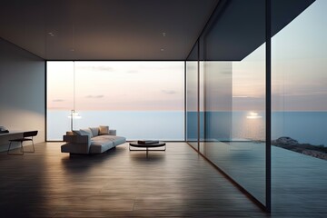 Wall Mural - minimalist home, with view of the ocean or lake, in modern setting, created with generative ai