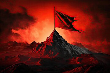 Canvas Print - peak with red flag, dramatic sunrise or sunset in the background, created with generative ai