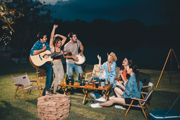 summer party camping of friends group with guitar music, happy young woman and smiling man having fun in vacation holiday, nature outdoors travel of friendship lifestyle together, bar-b-q party time