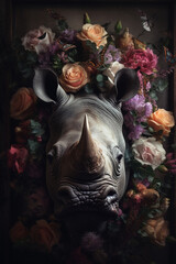 Wall Mural - Rhinoceros or rhino portrait with colorful flowers and leaves. Creative animal portrait. Generative Ai