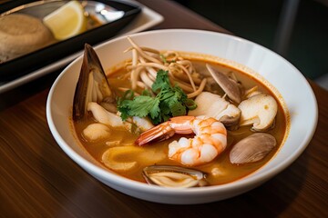 Poster - plate of tom yam soup with shrimp, straw mushrooms, and lemongrass, created with generative ai