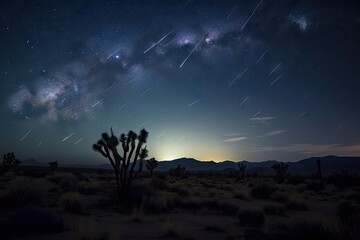 Wall Mural - night sky with shooting stars, over deserted desert landscape, created with generative ai