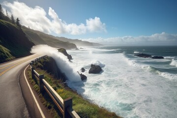 Canvas Print - scenic highway with view of crashing waves and the sea, created with generative ai