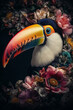 © marcin jucha - Toucan portrait with colorful flowers and leaves.  Creative bird animal portrait. Generative Ai