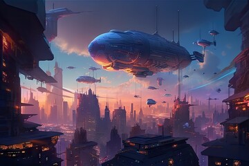 Wall Mural - galactic cityscape with flying robots and futuristic vehicles, created with generative ai