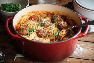 Sticker - spaghetti and meatballs in a dutch oven on table, ready to eat, created with generative ai