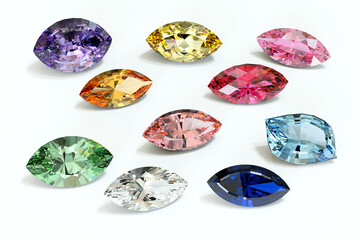 Various marquise-cut gemstones on white background