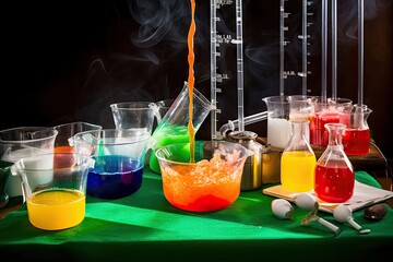 Sticker - science experiment, with ingredients and equipment visible, mixing together to create chemical reaction, created with generative ai