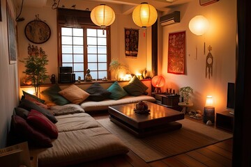 Canvas Print - cozy living room with tatami floor, paper lanterns, and scroll artwork, created with generative ai