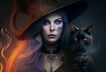 Wall Mural - Portrait of a woman with a cat in a witch's fancy dress. AI genarated