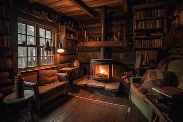 Poster - cozy cabin retreat with fire place, books, and hot cup of tea, created with generative ai