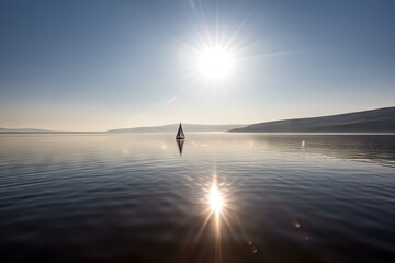 Sticker - sailing boat through calm waters, with sun shining, created with generative ai