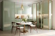 © rzrstudio - Modern luxury kitchen with sage green counter, appliances and marble tile floor, Ai Generated