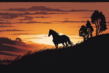 Wall Mural - beautiful sunset over rolling hills and pastures, with the silhouette of a horse in the foreground, created with generative ai