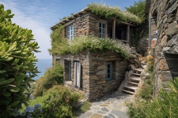 Poster - rustic stone house, surrounded by lush greenery, overlooking the sea, created with generative ai