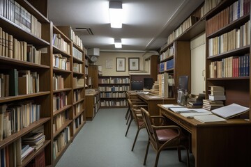 Poster - interior of library, with books neatly arranged on shelves and computers ready for use, created with generative ai