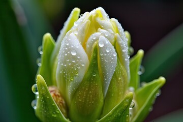 Wall Mural - close-up of blooming flower bud, with dewdrop on its petals, created with generative ai