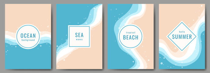 A set of posters on a summer sea theme. Sea, beach, sand, coastline, top view. Frame with text. Vector image. Design for card, invitation, banner, brochure cover, book.