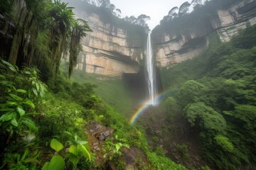 Wall Mural - majestic waterfall, with mist and rainbows cascading down the jungle cliffs, created with generative ai