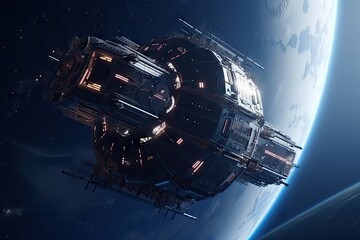 Wall Mural - futuristic space station, floating in the cosmos, with view of distant starry sky, created with gene