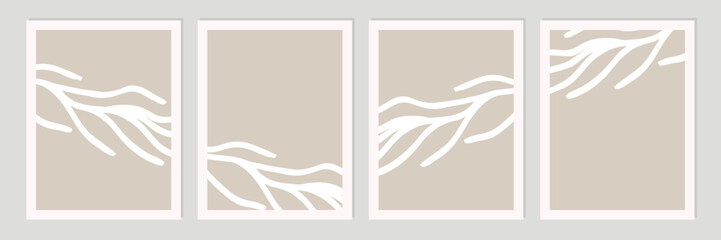 Aufkleber - Set of abstract organic shapes, leaves, lines and textures in white on neutral nude and beige background.