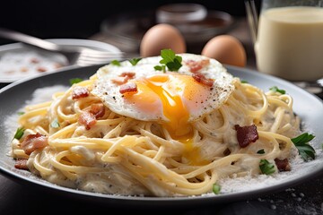 Sticker - close-up of plate of spaghetti carbonara, with egg and bacon in the foreground, created with generative ai