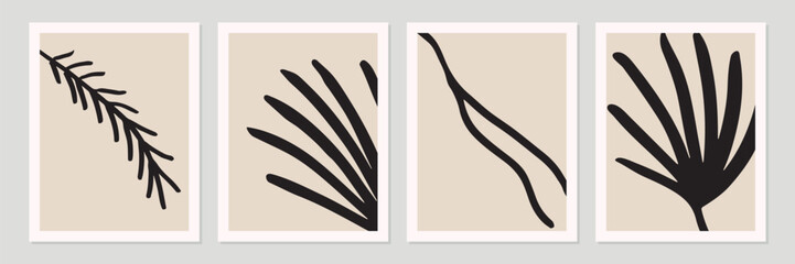 Aufkleber - Set of abstract organic shapes, leaves, lines and textures in black on neutral nude and beige background. 
Pattern in minimalist style. Modern contemporary art. Vector illustration.