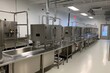 manufacturing facility with fully operational dishwashing and sanitizing stations, ready for production, created with generative ai