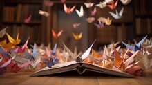 Knowledge Concept Featuring An Open Book With An Origami Bird Taking Flight, Surrounded By Abstract Paper Birds. A Library Setting Enriches The Scene, Inspiring Discovery And Learning. Generative AI