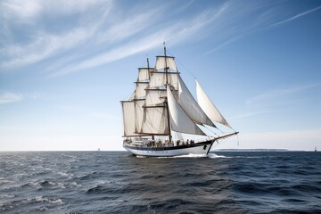 Poster - cruising sailboat with white sails billowing in the wind, created with generative ai