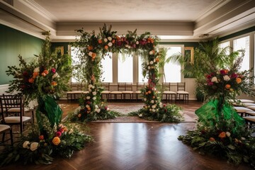 Wall Mural - assorted greenery and floral arrangements for a vibrant ceremony backdrop, created with generative ai