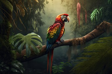 Wall Mural - parrot perched on tree branch, with the jungle in the background, created with generative ai